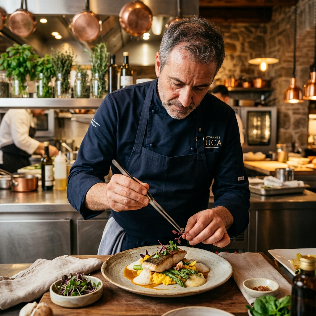 Chef italien préparant un plat avec passion